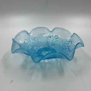 Blue Glass Scalloped Bowl Flowers Leaves 9 Inches